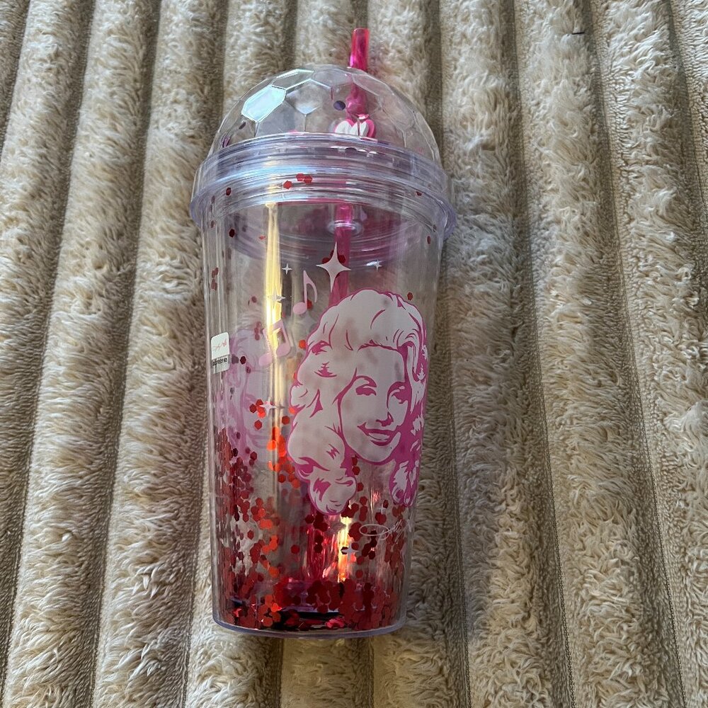 DOLLY PARTON PINK CONFETTI TUMBLER W/ DOME LID & STRAW-16 OZ.-NEW!